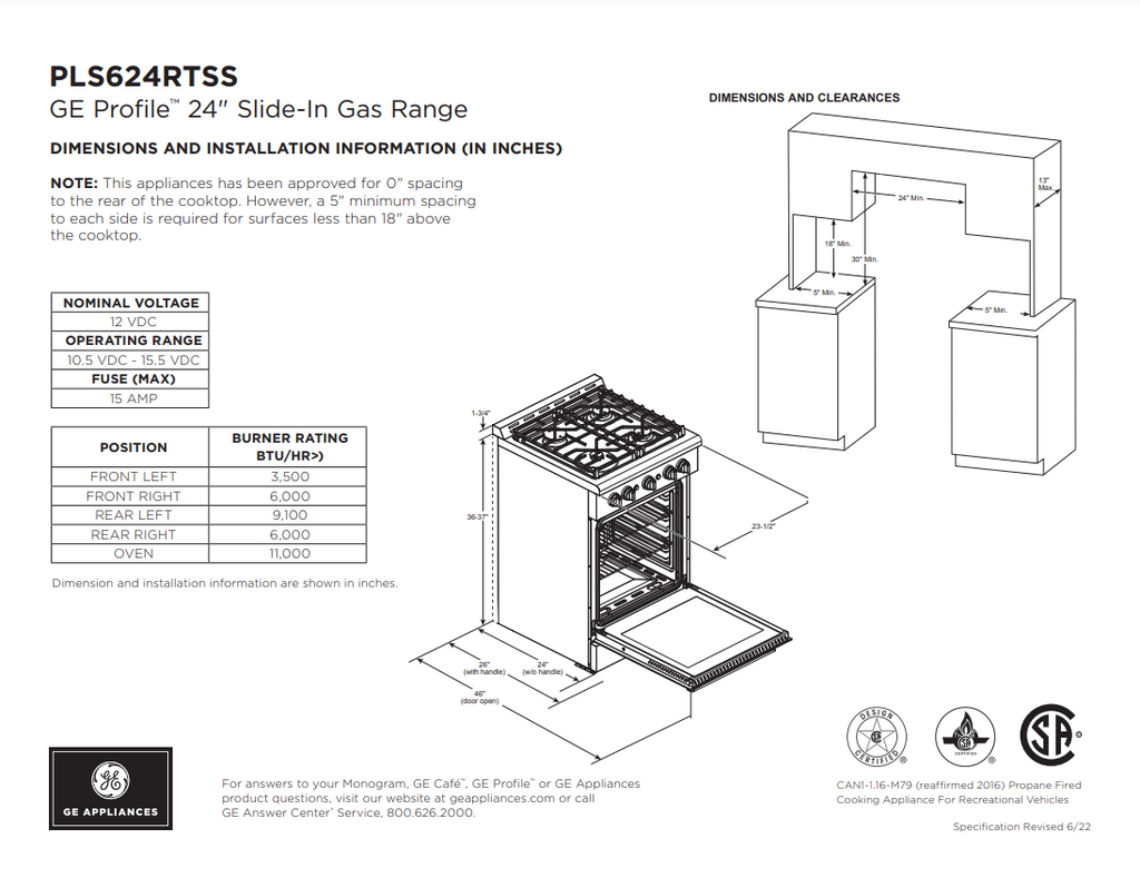GE Profile 17 Drop-In RV GAS Range